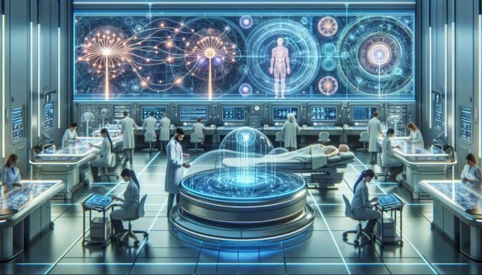 Advanced electroacupuncture devices in a modern medical setting with experts and relaxed patients.