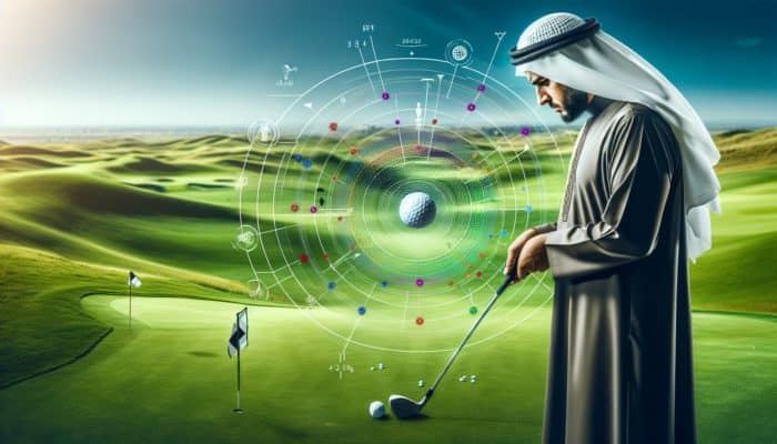 A golfer visualizing a shot on a beautiful green course with strategic markers.