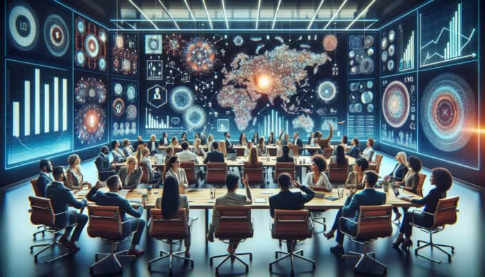 A conference room with diverse experts discussing strategies, surrounded by digital screens and VA logos.