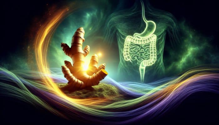 A vibrant turmeric root with soothing green and blue swirls, symbolizing digestive relief and a healthy gut.