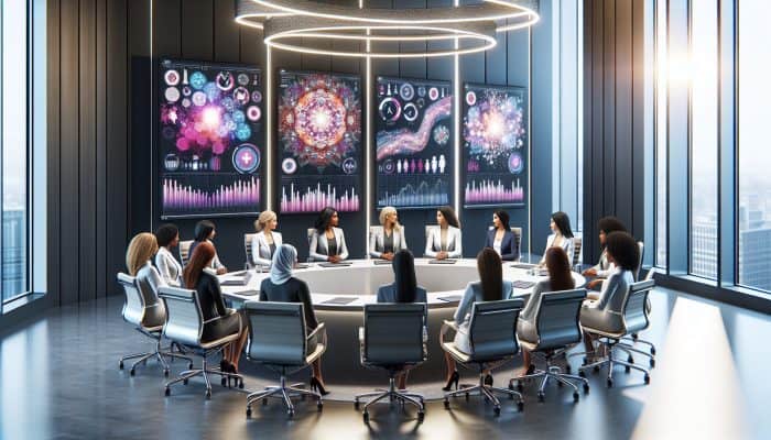 A diverse group of female health experts engaging in a discussion about women's health in a modern conference room equipped with digital displays.