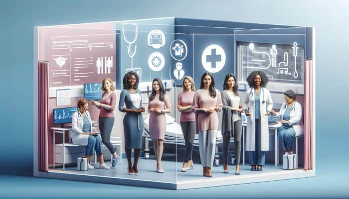 A diverse group of UK women utilizing healthcare services through NHS GPs and private clinics, complemented by medical service symbols.