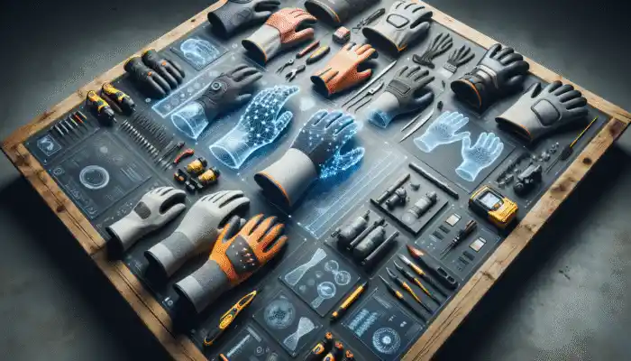 A wide variety of safety gloves displayed on a workbench, specifically designed for different industries.