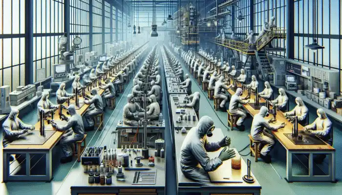 Workers in Goole performing laboratory testing on safety gloves with advanced equipment to ensure quality and durability.