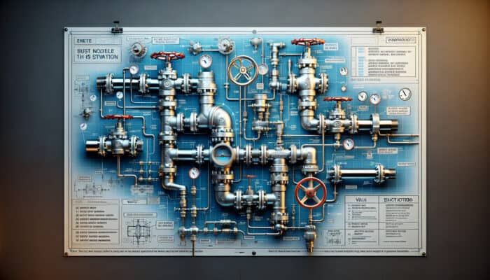 Cross-section of plumbing system with gate, ball, check, and butterfly valves, labeled and showing water flow.