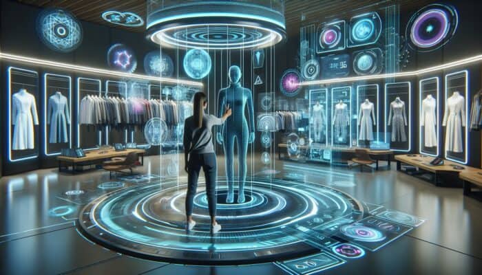 A futuristic AR environment featuring holographic screens and clothing items ready for virtual try-ons.