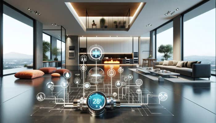 Modern plumbing scene featuring trenchless valve replacement technology and smart valves in a contemporary home.