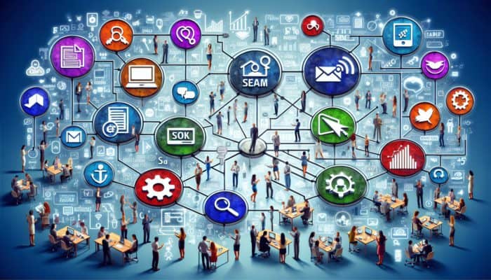 Digital Marketing in Budleigh Salterton for Small Business: A vibrant digital landscape showcasing various marketing strategies engaging audiences across multiple devices.