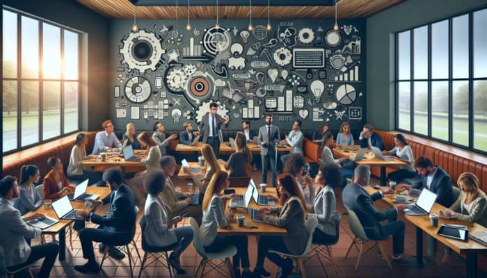 A collaborative digital marketing strategy meeting in a café in Budleigh Salterton, featuring small business owners and a marketing consultant.