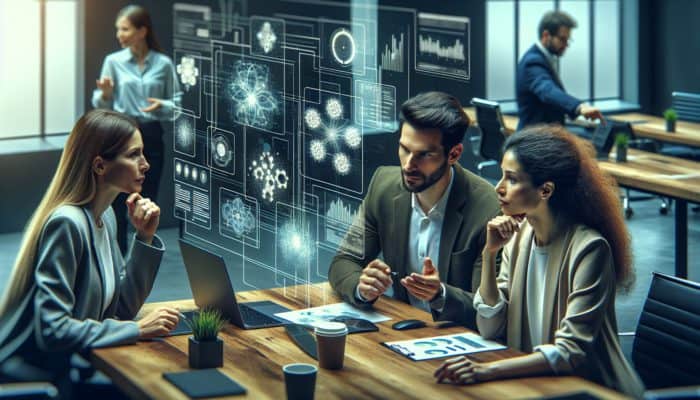 A team of small business professionals analyzing digital marketing data on screens, discussing strategies with an expert consultant.