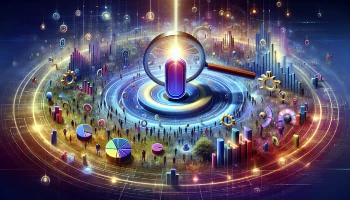 Visual representation of SEO in Bath for Small Business: A magnifying glass focusing on an 'SEO' button alongside growth graphs and Bath landmarks, symbolizing enhanced online visibility.