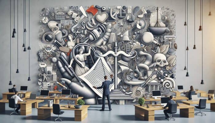 A content creator carefully reviewing legal documents amidst diverse creative works, symbolizing respect for intellectual property.