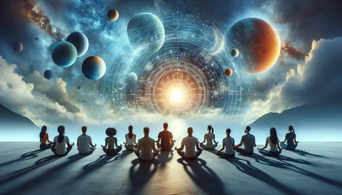 A serene equinox landscape with balanced light and shadow, people meditating in harmony with nature.