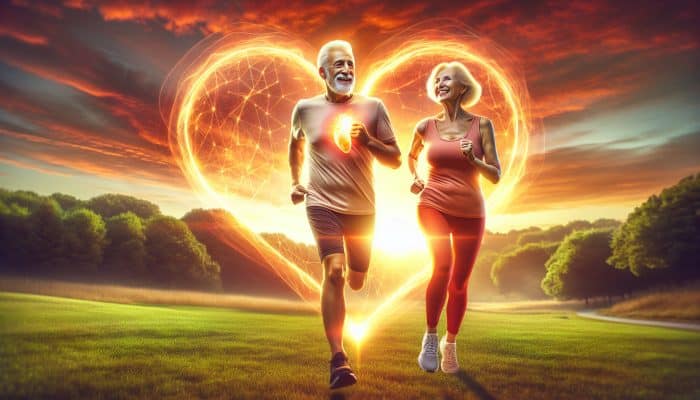 Men’s Health for Retirees: A senior couple jogging in a park at sunrise, symbolizing health and vitality.
