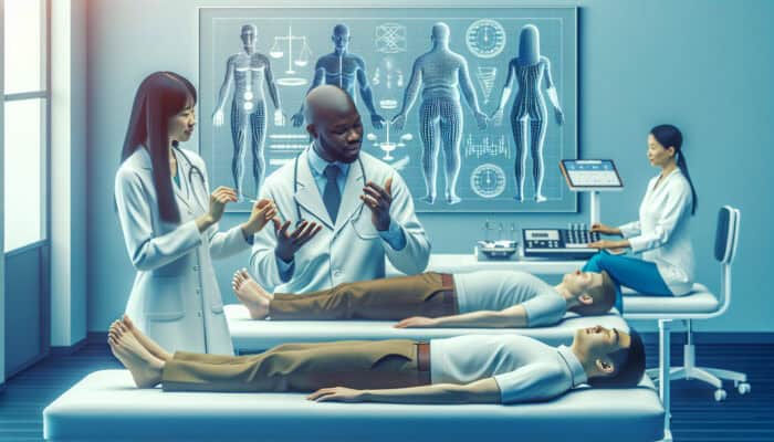 A modern acupuncture clinic with specialists discussing weight loss benefits, patients undergoing treatment, and efficacy charts.