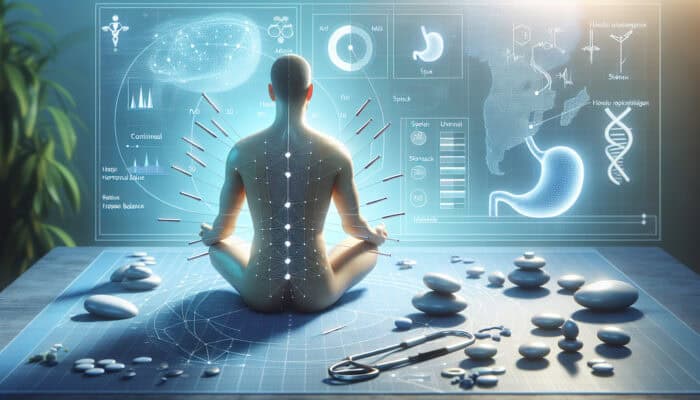 Acupuncture session targeting metabolism with needles placed on spleen and stomach points, in a clinical setting featuring hormonal diagrams.