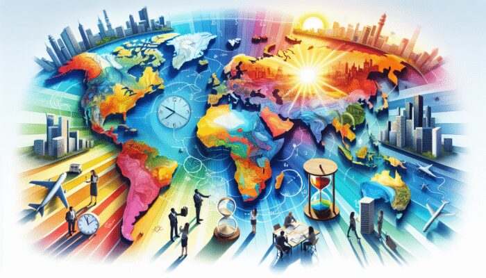 A world map showing colorful time zones, cities at different times, synchronized clocks, and people planning international activities.