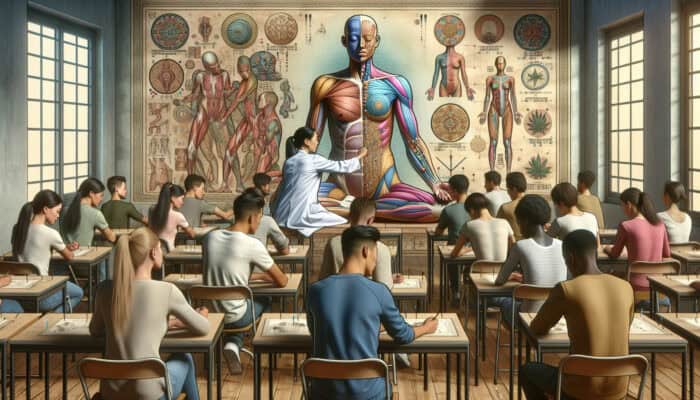 Acupuncture students engaged in a classroom environment, utilizing anatomy charts and receiving mentorship for practical training.