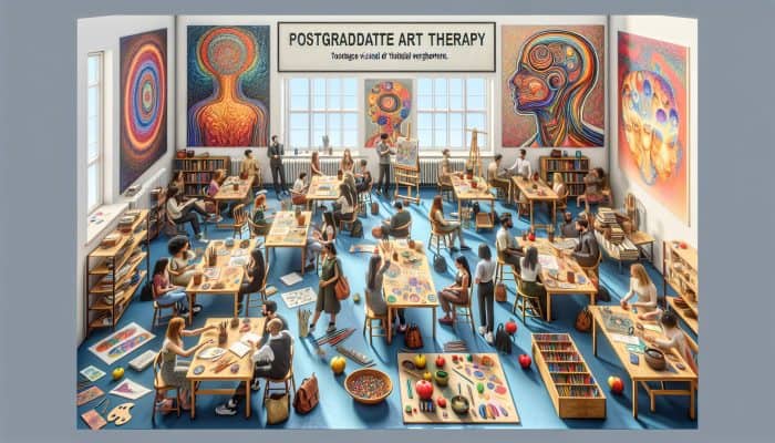 Diverse students in UK art therapy class engaging in theory and art, with texts and supplies.