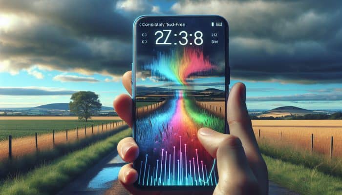 Tracking Mood With Technology: Person using smartphone app to track moods, with colorful graph, against UK countryside.