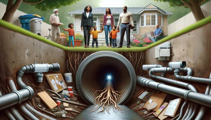 CCTV camera inspecting sewer pipe, revealing root intrusions, family relieved in the background, home safe.