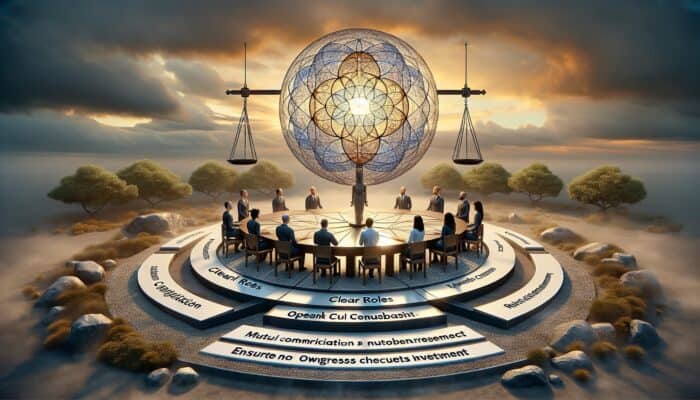 Infographic showing experts collaborating with clear roles, mutual respect, and open communication.