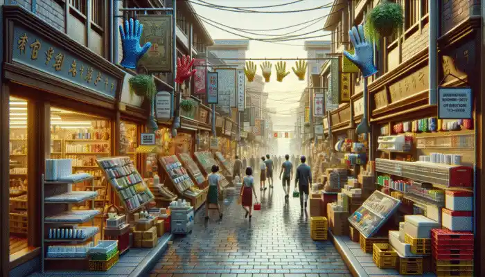 Polythene Gauntlet Gloves in Cambridge: Shoppers entering B&Q and Screwfix in Cambridge, browsing safety gear including polythene gauntlet gloves.