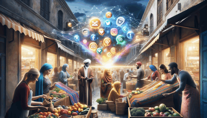 A thriving Wells market with social media icons, portraying enhanced visibility and community engagement for local enterprises.