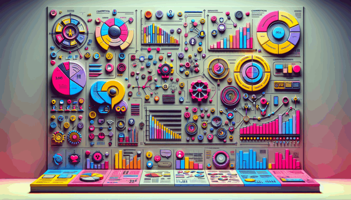 A vibrant social media dashboard showcasing audience demographics, engagement metrics, SMART goals, and icons for competitor analysis and diverse content types against the backdrop of evolving digital trends.