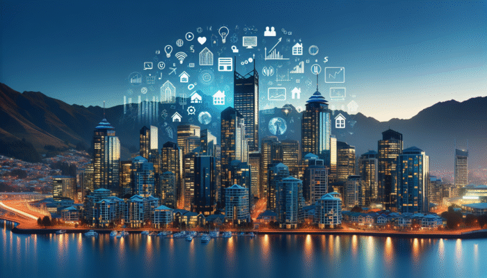 Dusk view of Queenstown skyline featuring modern structures, luxury homes, and financial charts symbolizing property investment.