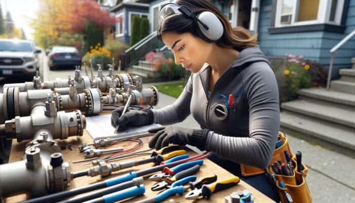 A technician in Kitsilano diligently maintaining natural gas lines with tools in a well-organized environment, adapting to varying weather conditions.
