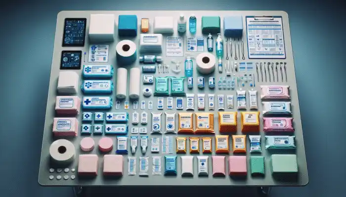 A selection of medical tissue wipes displayed on a clinical table, organized and labeled.