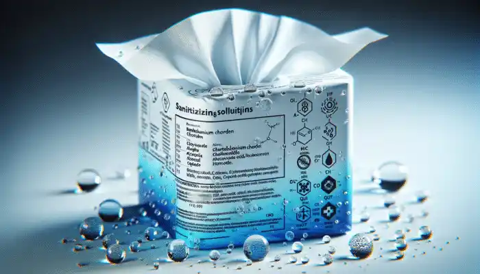 Medical tissue wipes with sanitizing solution droplets eliminating germs on a clinical surface.