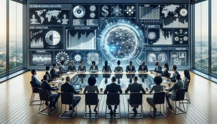 A futuristic conference room with experts discussing debt consolidation trends, holographic charts, and a timeline on a large screen.