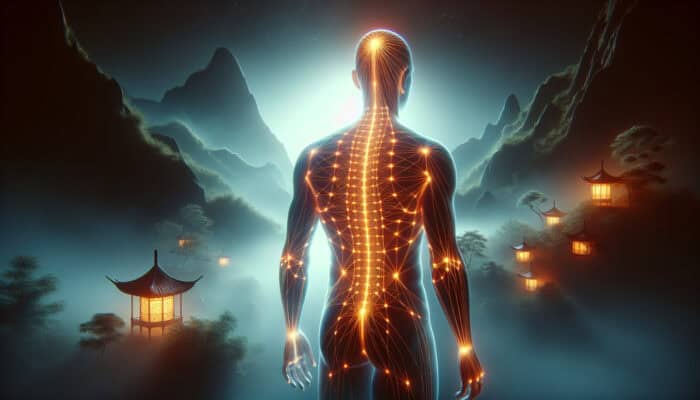 Artistic depiction of the human body with highlighted acupuncture meridians, set against a tranquil Chinese-inspired backdrop.