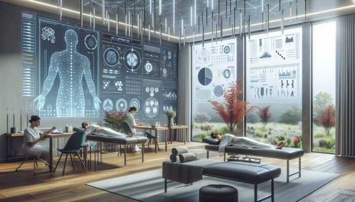 A tranquil treatment room in the UK where patients receive acupuncture, surrounded by modern technology and natural elements, symbolising holistic health and well-being.