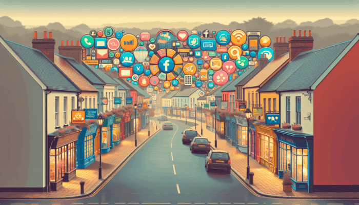 A vibrant Frome street with small businesses displaying successful online marketing campaigns on digital billboards and social media.