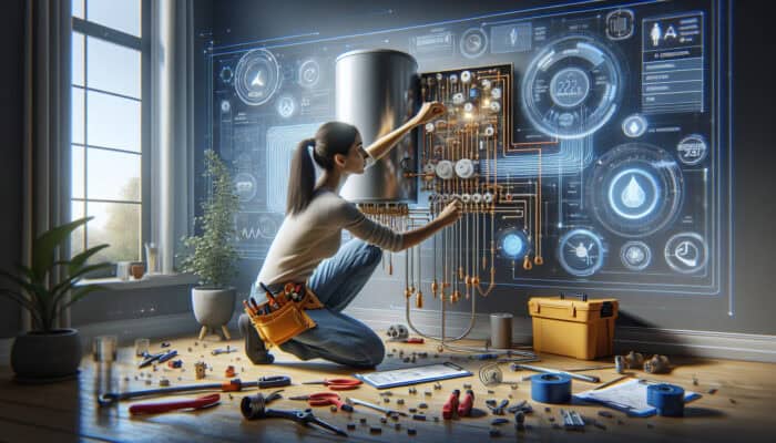 A skilled professional installer connecting a hot water tank to the electrical and plumbing systems in a contemporary home.