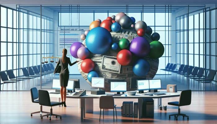 Infographic illustrating UK debt consolidation, featuring charts, a person managing debts, and a unified loan in a modern office setting.