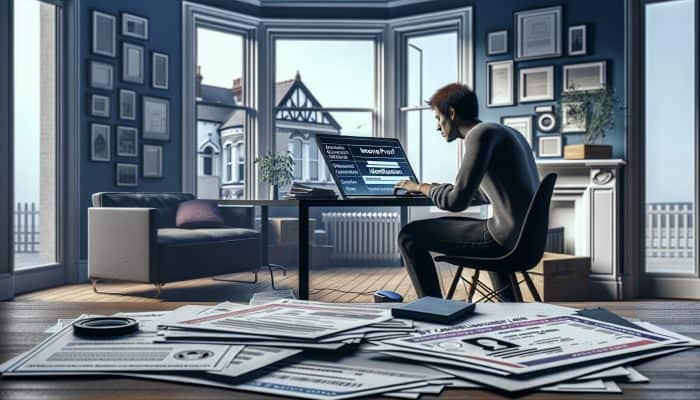 Person researching debt consolidation loans on a laptop, surrounded by documents and lender logos in a UK home office.