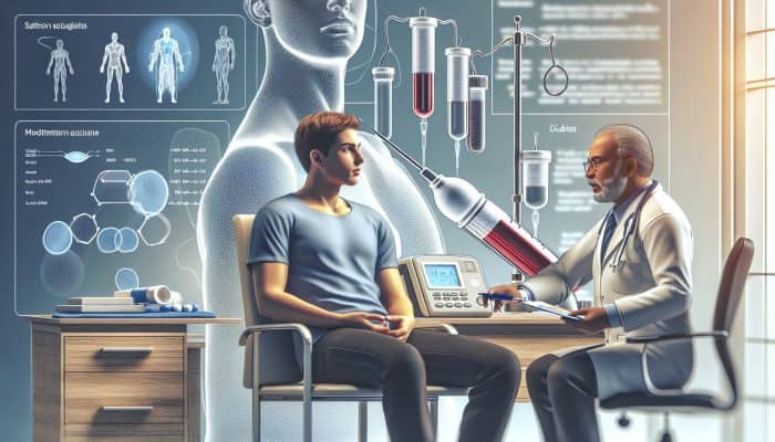 Person fasting for eight hours before diabetes blood test, in clinic with healthcare provider discussing medication.