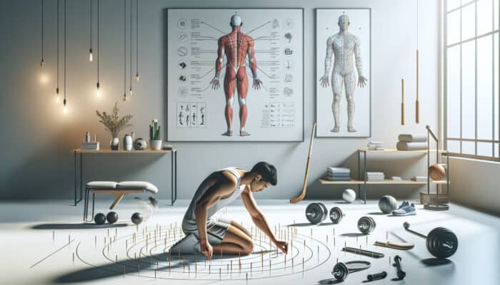 Athlete in a tranquil acupuncture session within a modern clinic, surrounded by sports equipment and recovery diagrams.