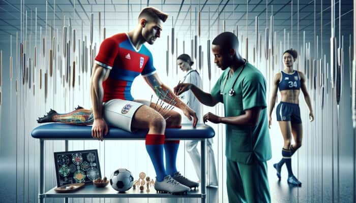UK athlete receiving acupuncture for sports injury, alongside rugby and Olympic athletes in a modern recovery facility.