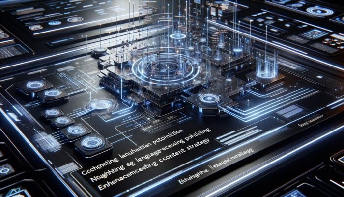 A digital interface showcasing algorithms, SEO tools, and glowing neural networks representative of Google's BERT, symbolizing advanced content optimization.