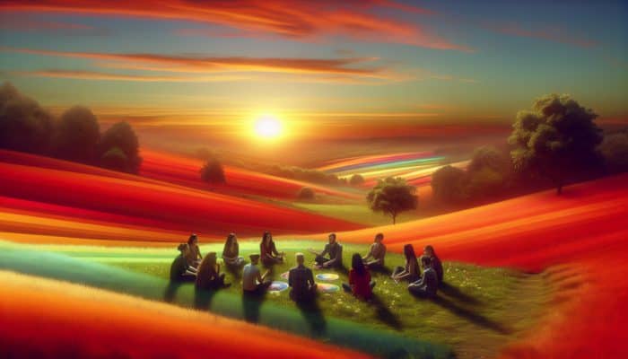 A serene sunset landscape with warm orange and red hues enhancing depth, experts discussing on a hill.