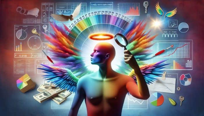 How to Consolidate Debt with a Low Credit Score: UK Guide | DCL A person using a magnifying glass on a colorful credit score report with symbols of financial freedom.