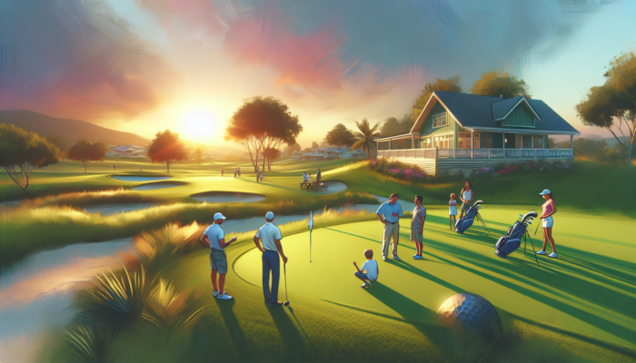 A tranquil family golf resort at sunset with experts discussing on a green course, children playing, and a cozy clubhouse.