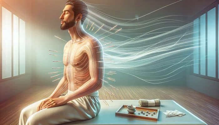Man receiving acupuncture to improve circulation, shown with needles and energy lines in a tranquil setting.