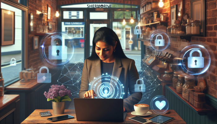 Small business owner in a Sherborne shop tests responsive website on a laptop, surrounded by smartphones, tablets, and glowing GDPR icons.