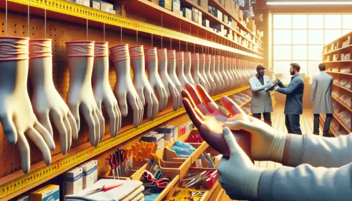 A vibrant UK glove shop showcasing shelves filled with various latex gauntlet gloves, as a consultant measures a hand for fit and safety.